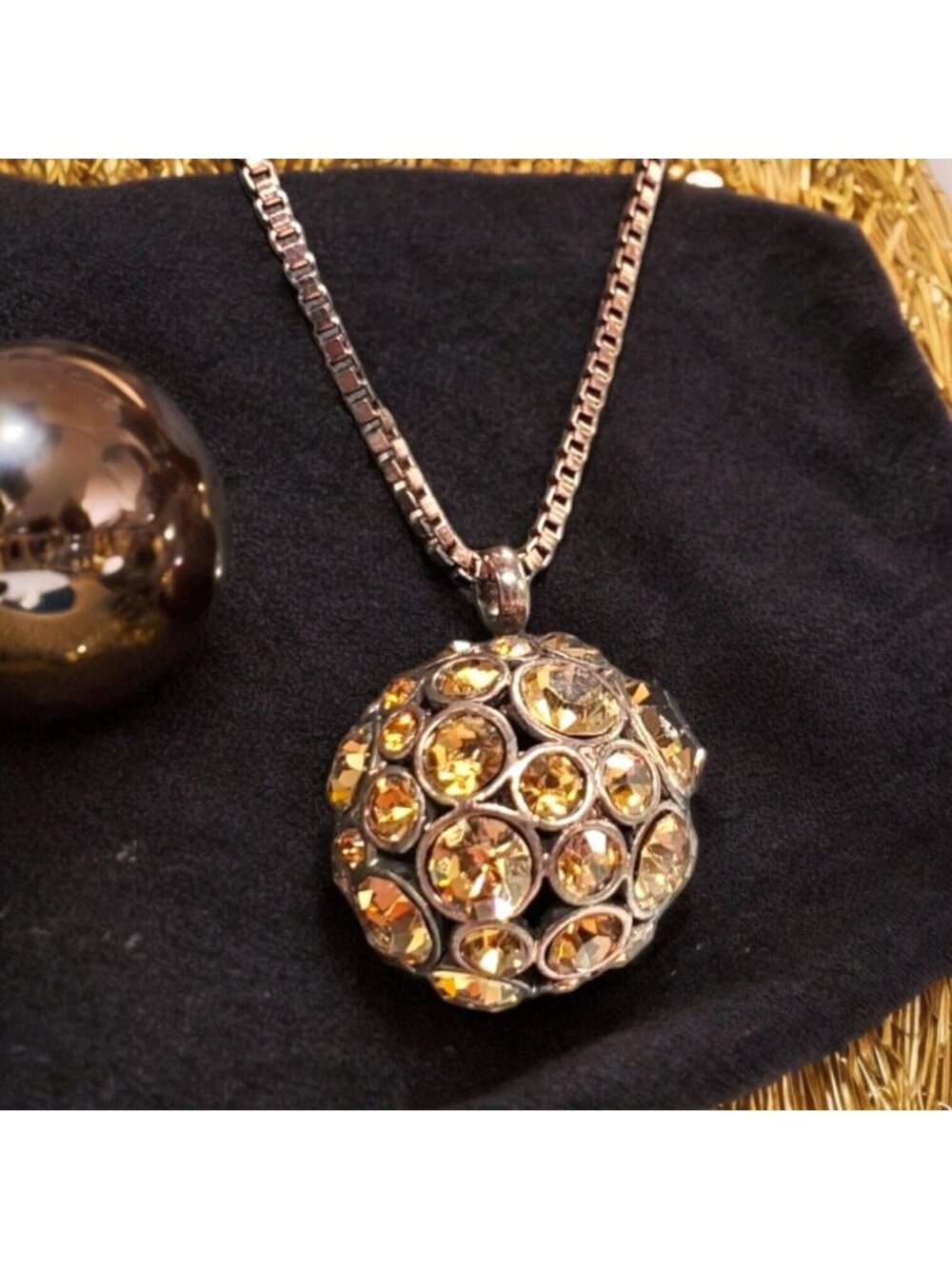 Fossil Rhinestone Ball Pendant Necklace Glitzy Copper Tone 18"+2" Brown Lock Key